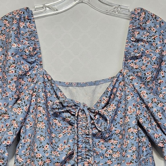 Blue Floral Cottagecore Milkmaid Mini Dress Medium Boho Square Neck Puff‎ Sleeve - Picture 3 of 10